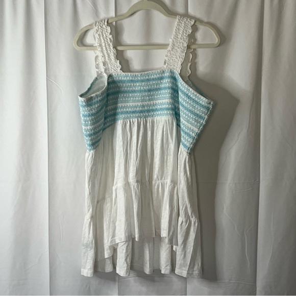 Torrid Tank Top Smocked Embroidered Front Ruffle Trim White Blue Size 3 - Picture 5 of 8
